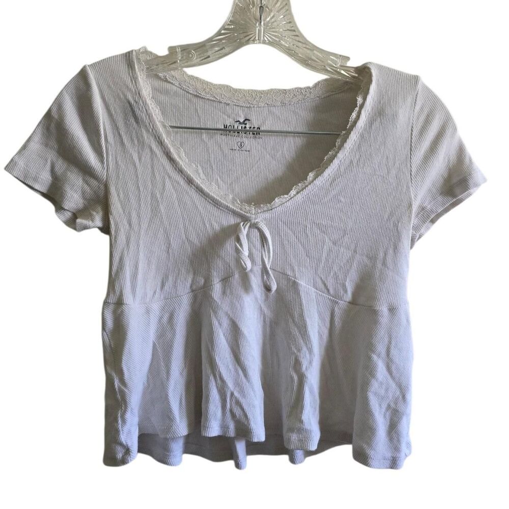 Hollister White Ribbed Lace-Trim Peplum Crop Top Tee - Size S
